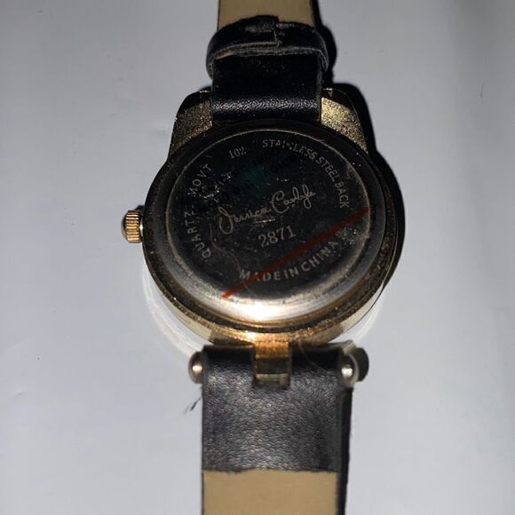 Jessica Carlyle Women's Gold Tone Black Band Cat Rhinestone Bezel Quartz Watch - Picture 6 of 12